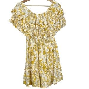 Entro Palm Leaf Tiered Ruffle Smocked Mini Dress